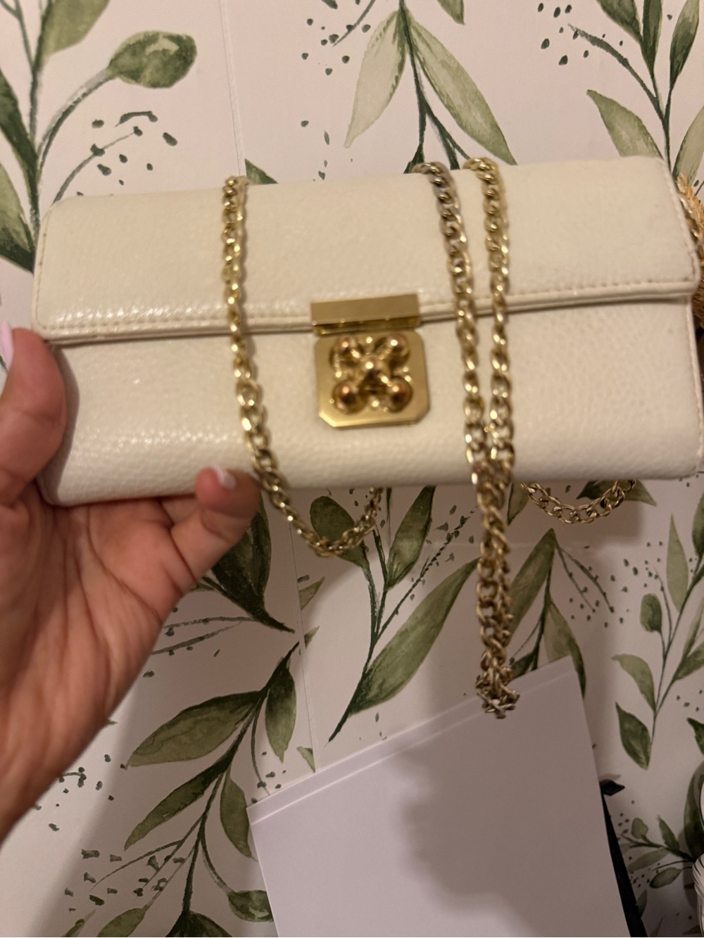 Cream Leather Chain Crossbody Bag with Gold Hardware